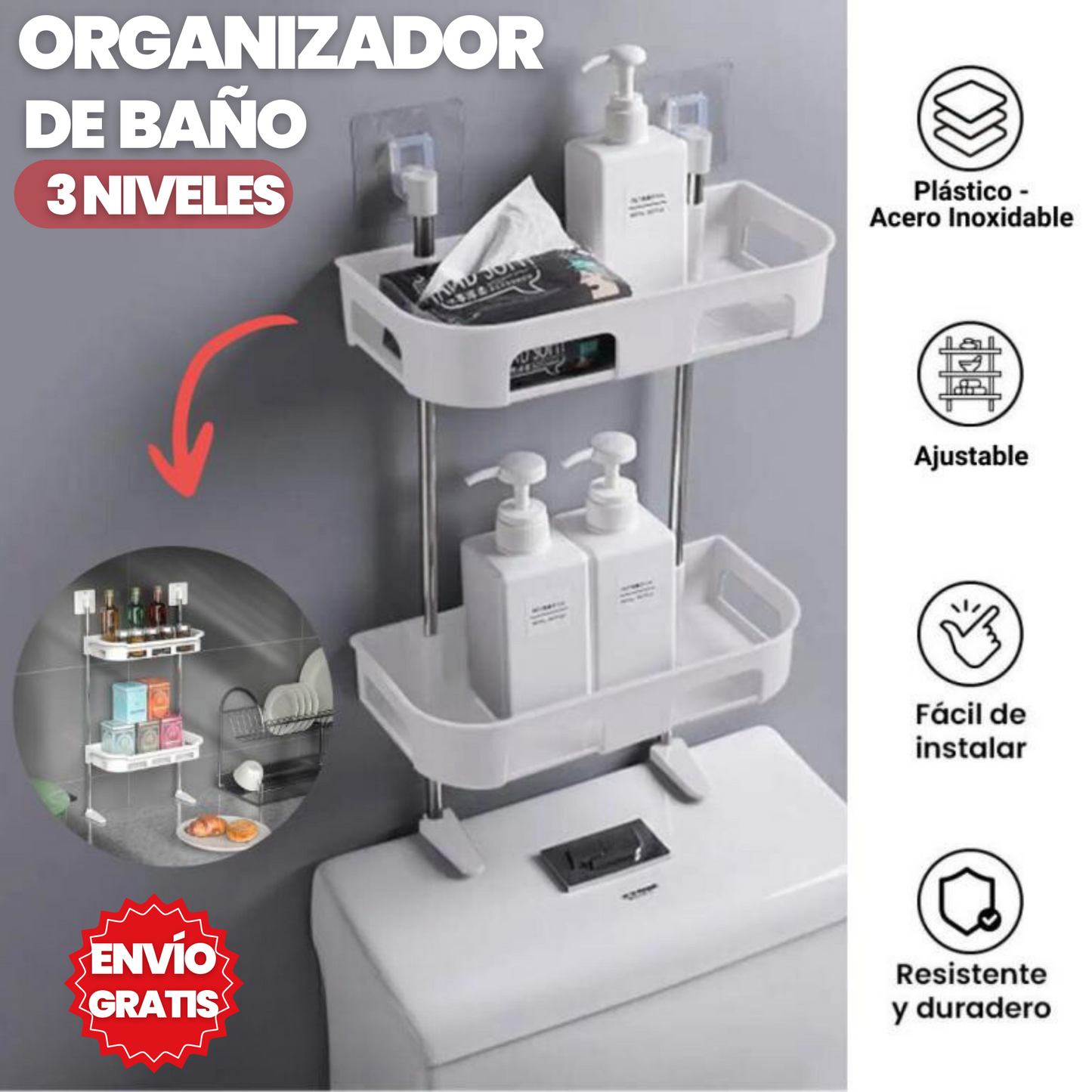 Estante Organizador de 3 niveles para baño o cocina + Envío gratis