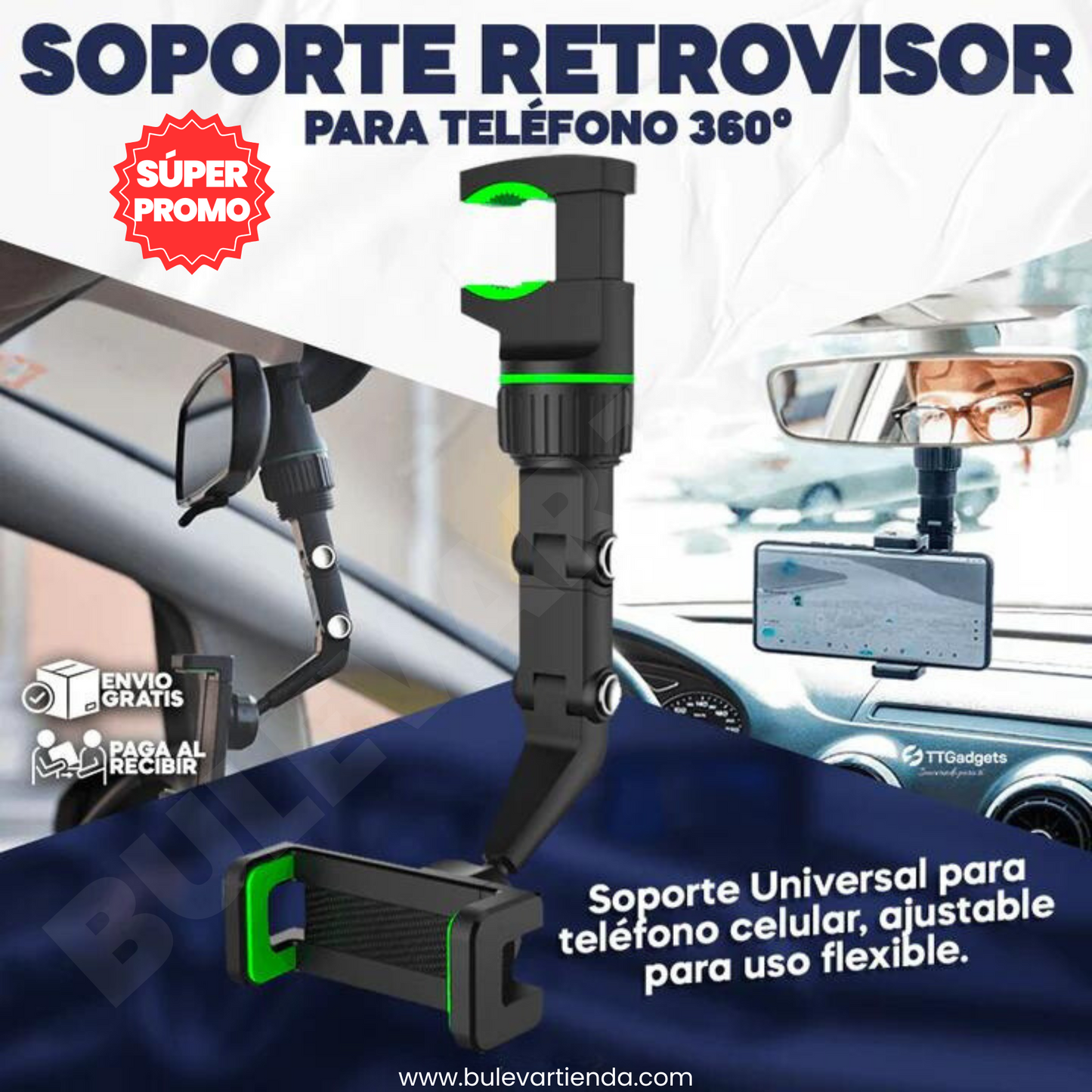Soporte de teléfono para espejo Retrovisor 360 grados + Envío gratis