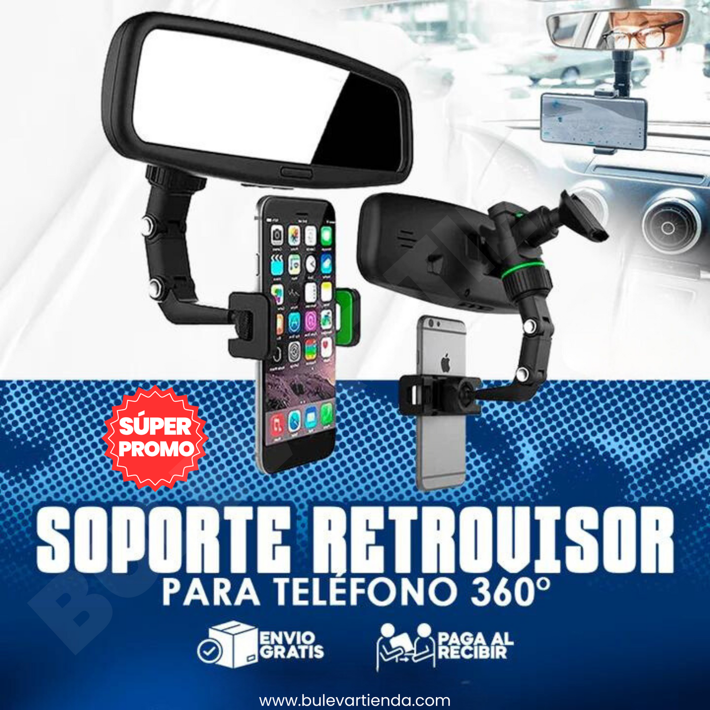 Soporte de teléfono para espejo Retrovisor 360 grados + Envío gratis